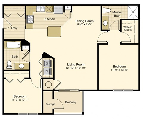 Floor plan for 2 beds, 2 baths, 1236 sqft